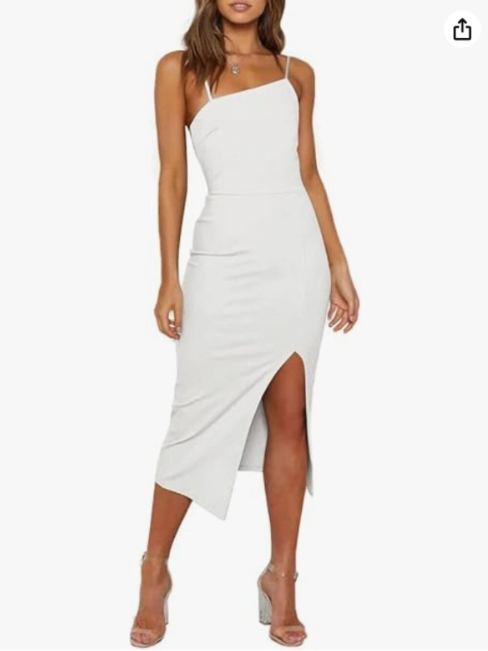 OWIN White Spaghetti Strap Slit Midi Dress | Asymmetrical Neckline | Size M